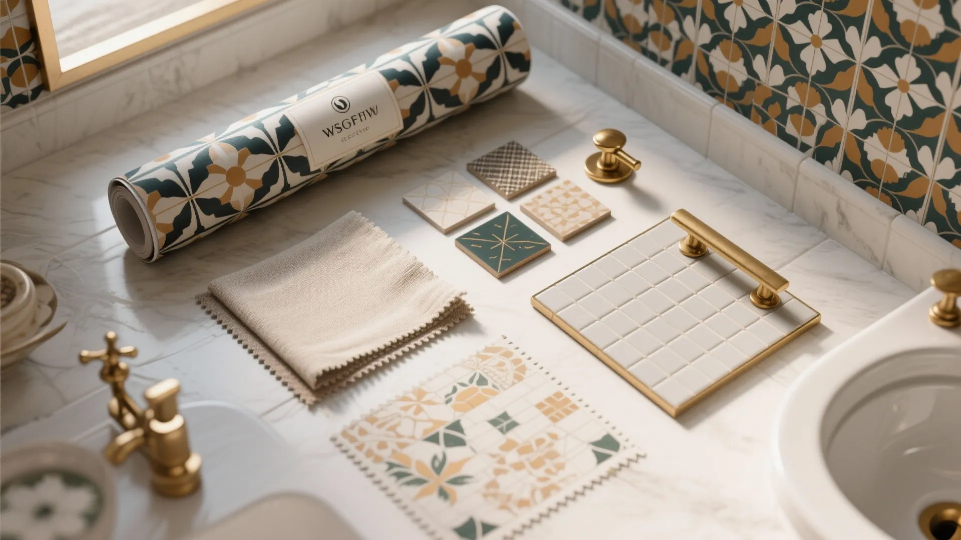 Bathroom material flatlay including wallpaper roll tile samples fabric and gold faucets on marble counter
