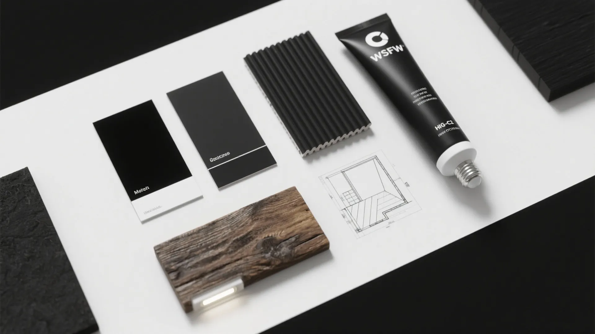 Flatlay of black paint swatches, sealant, PVC beadboard sample, wood sample and LED bulb