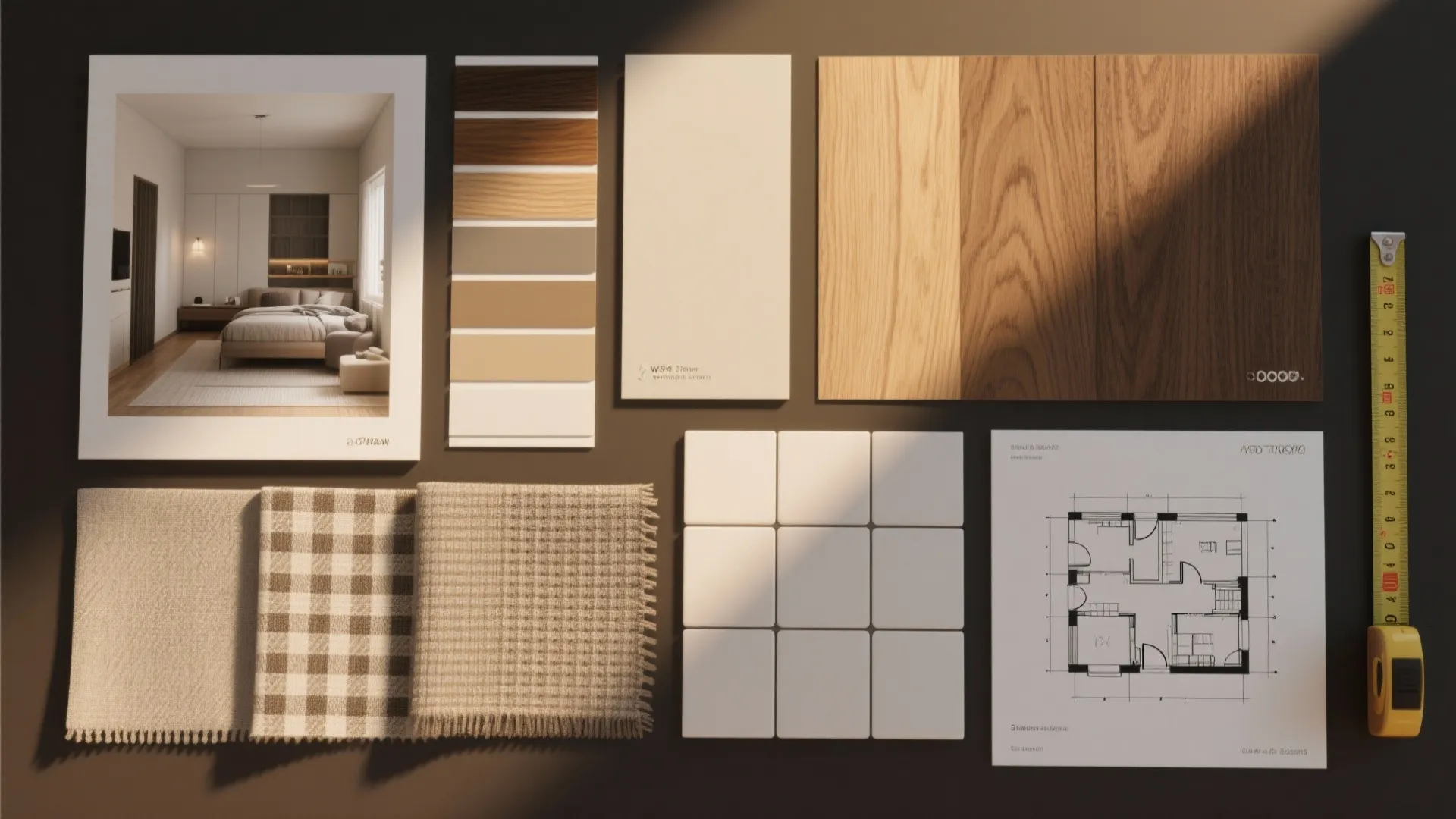 Flatlay of material swatches, tiles and a small floor plan for a 3-bedroom apartment design.