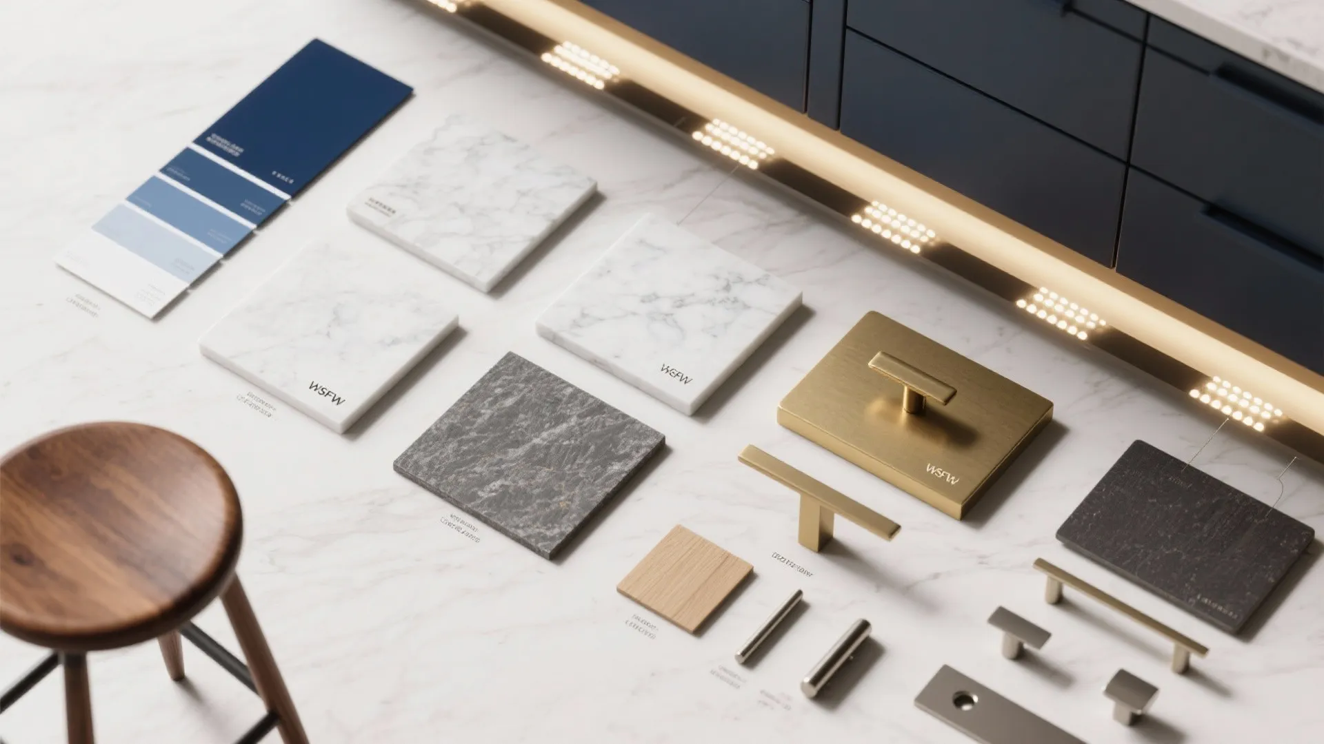 Selection of marble tiles, gold cabinet handles, blue color swatches, and a wooden bar stool