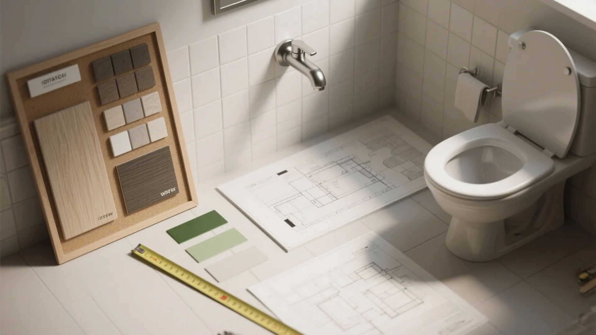 Bathroom renovation planning with floor plan drawings, material samples, measuring tape, and a white toilet