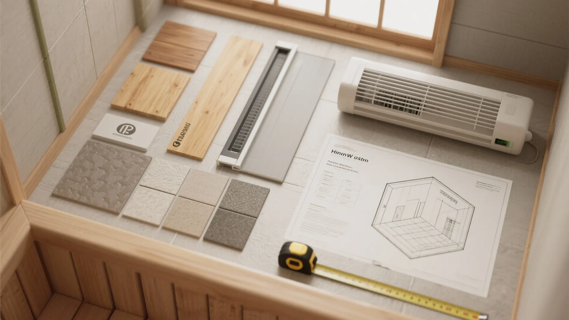 Material flatlay with wood samples, tile swatches, linear drain detail and planner for an ofuro renovation
