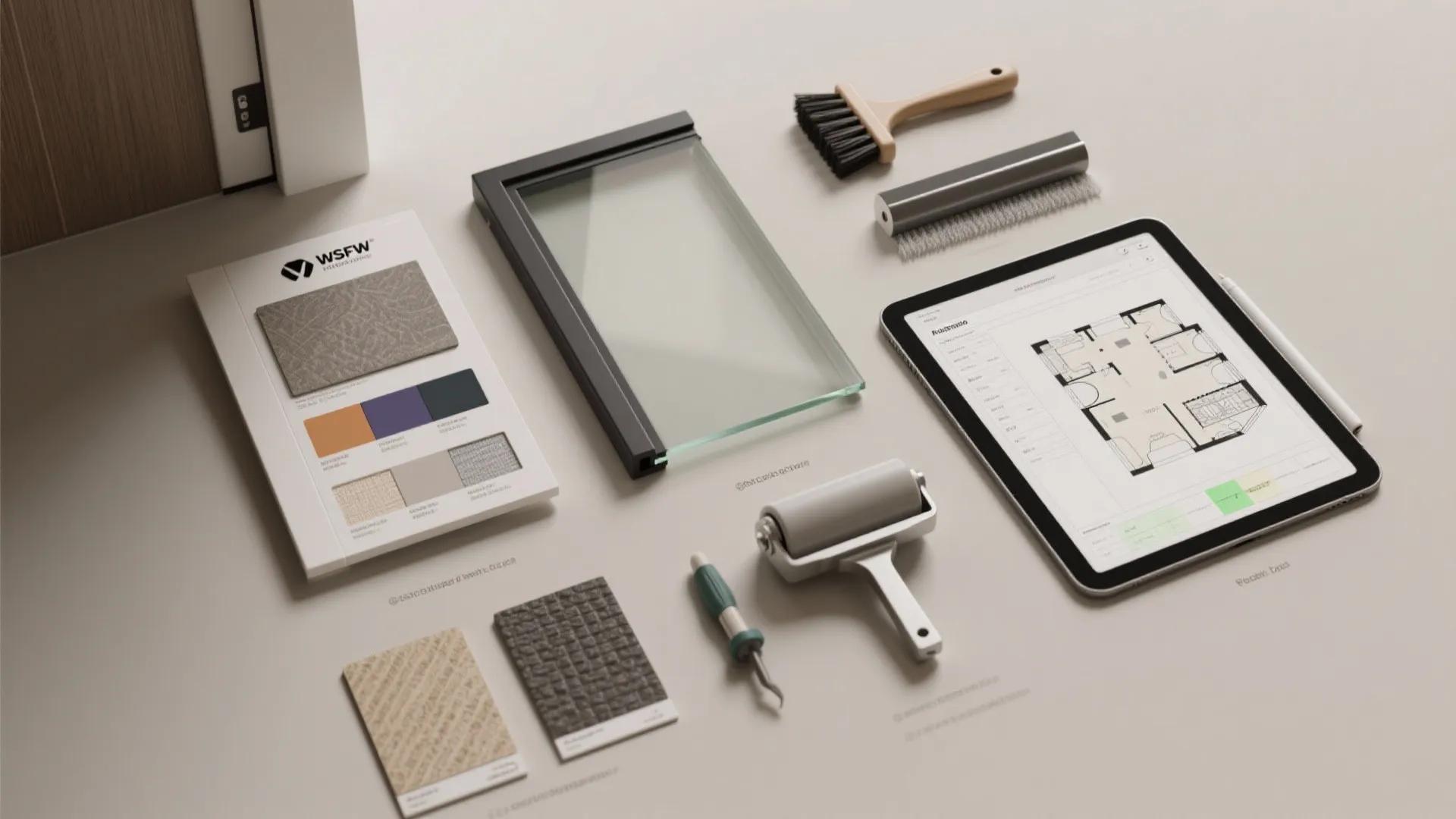 Interior design materials flatlay with fabric samples glass panel paint rollers and tablet floor plan