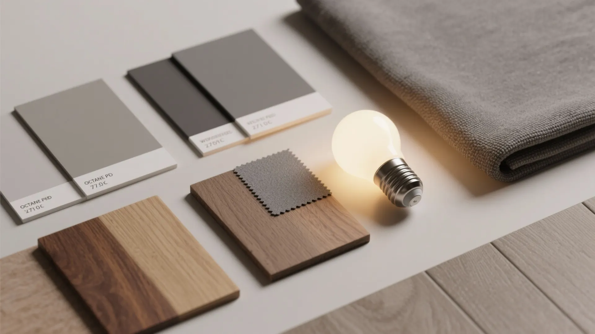 Interior design mood board with grey color cards wood floor samples fabric and glowing light bulb