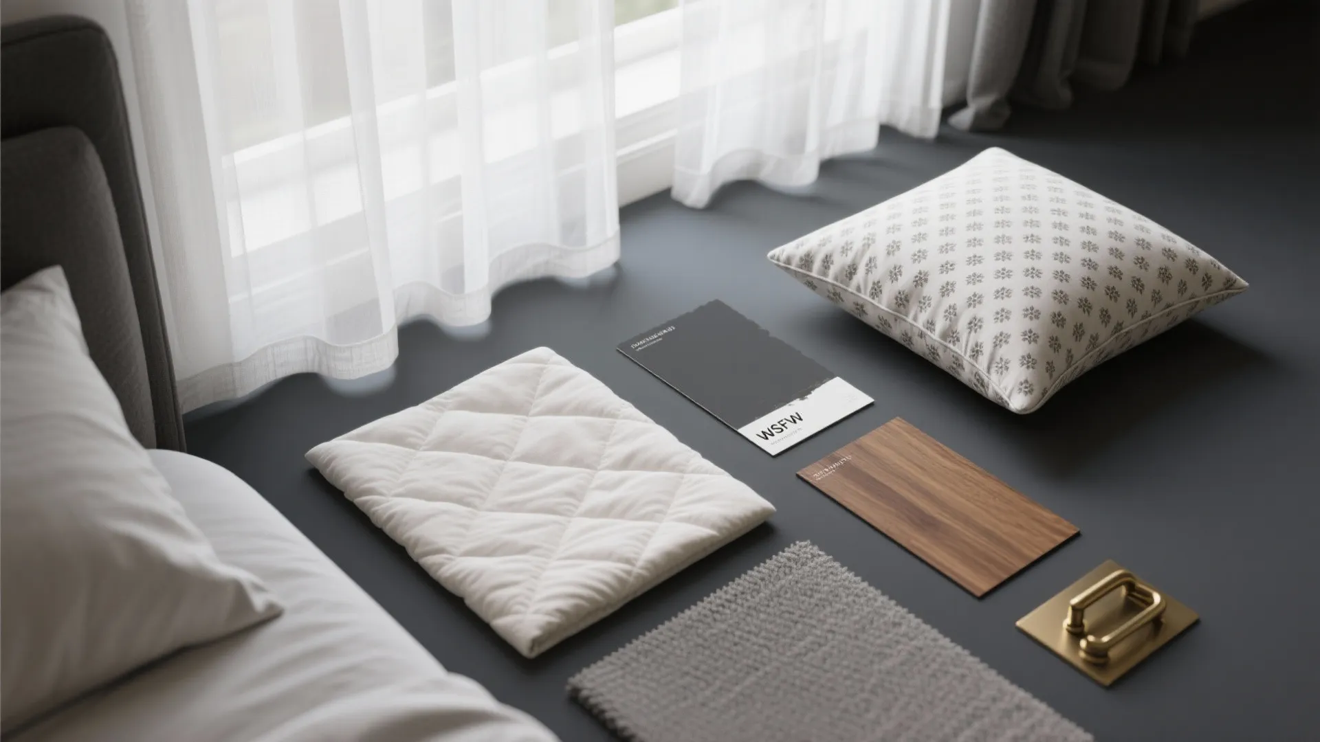 Interior design materials including wood panel fabric samples and gold door handle near white curtain