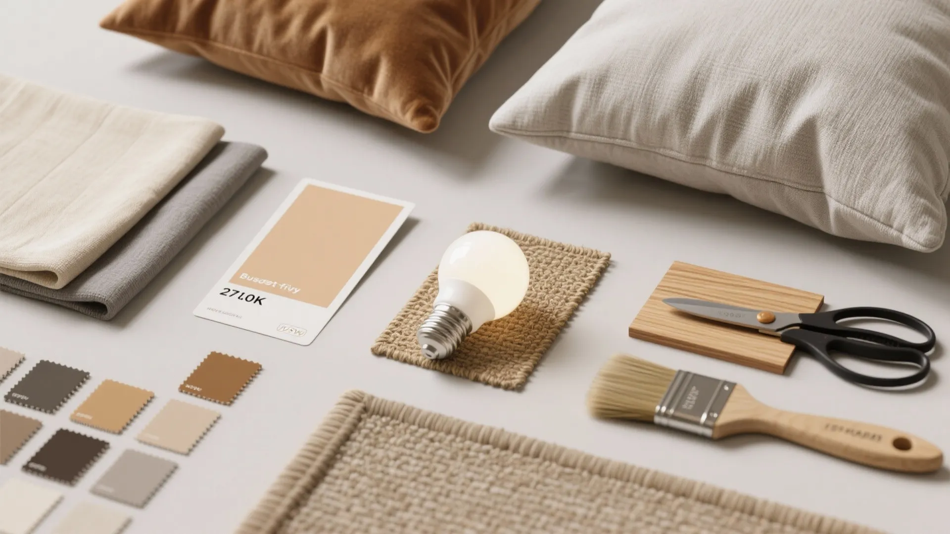 Flatlay of beige and gray fabric swatches, paint sample, bulb and rug sample for bedroom planning.