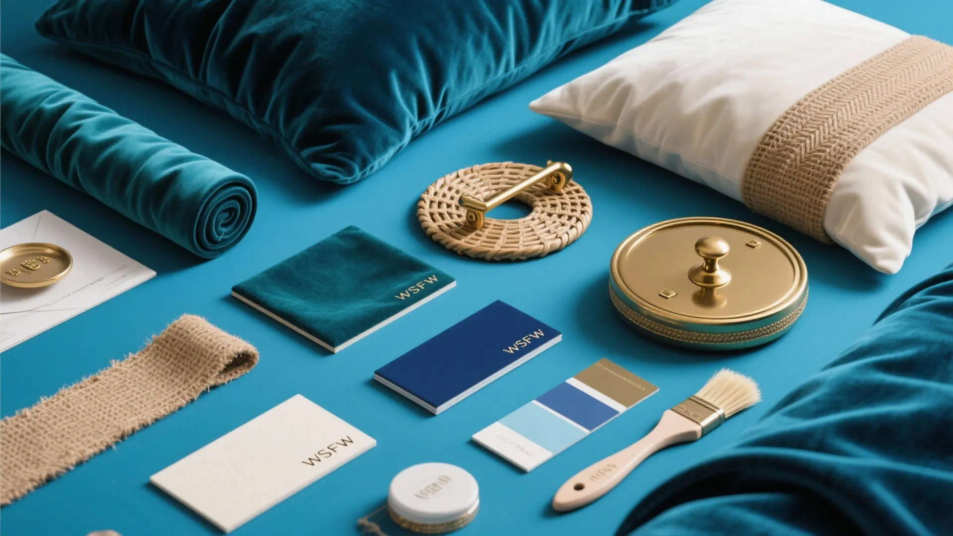 Flatlay of blue velvet and natural fiber swatches, brass samples and paint chips for palette planning.