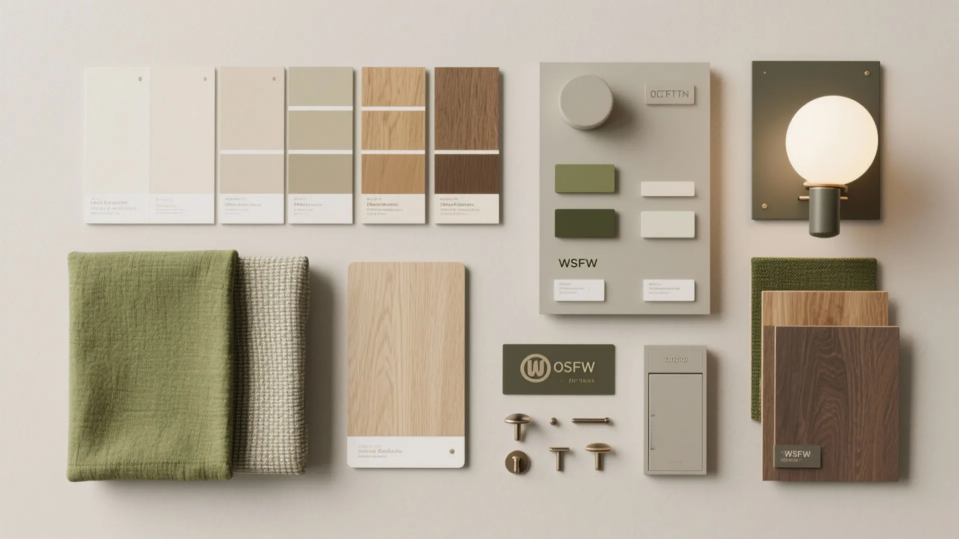 Material flatlay of paint swatches, wood samples and fabric swatches for a compact apartment refresh