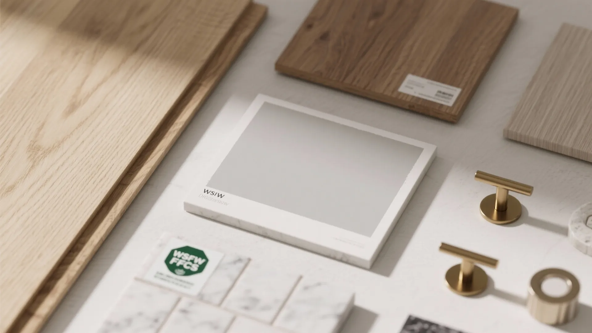 Interior design materials flatlay featuring wood samples marble tiles gold handles and grey color palette