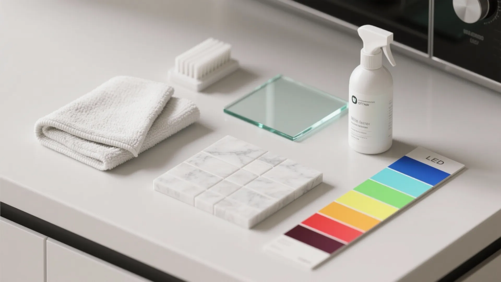 Selection of home cleaning and decor items including white towels spray bottle and color swatches