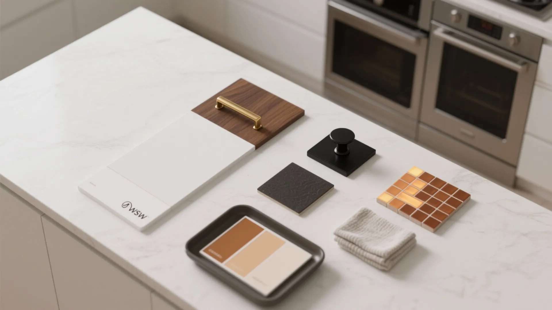 Kitchen material samples including wood panel marble tile and handles on a white stone kitchen countertop
