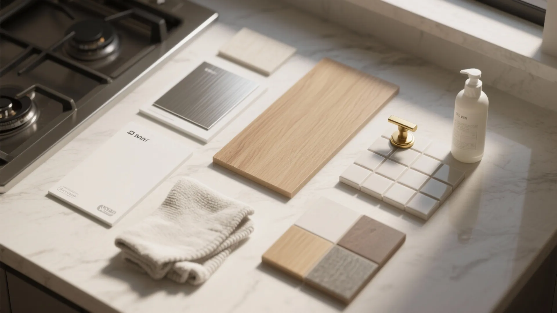 Kitchen countertop with wood samples white tiles gold handle cleaning cloth and various cabinet material swatches