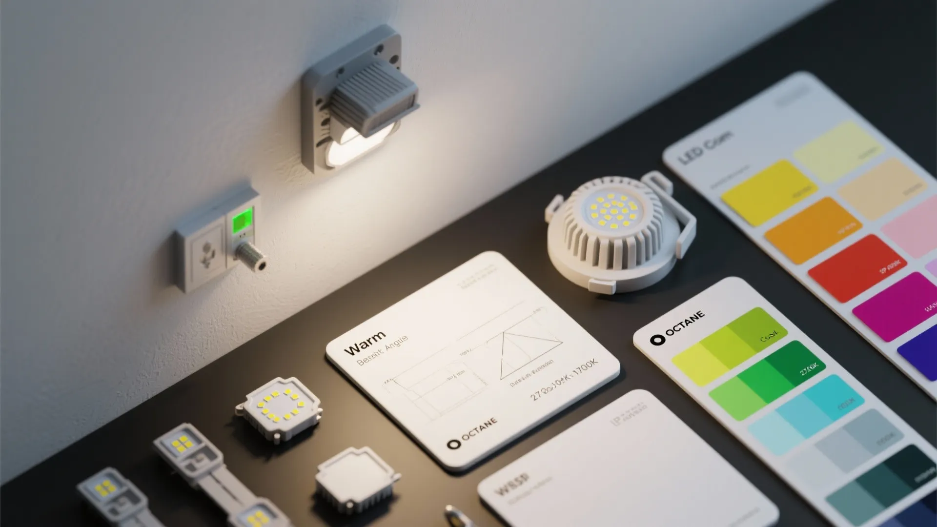 Collection of light fixtures and colorful lighting material samples arranged on a dark table surface