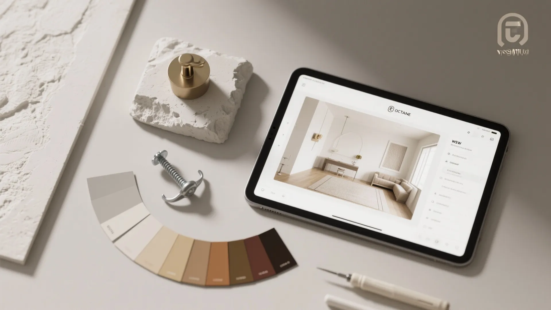 Flatlay of plaster samples, swatches and a tablet showing a 3D room planner layout.