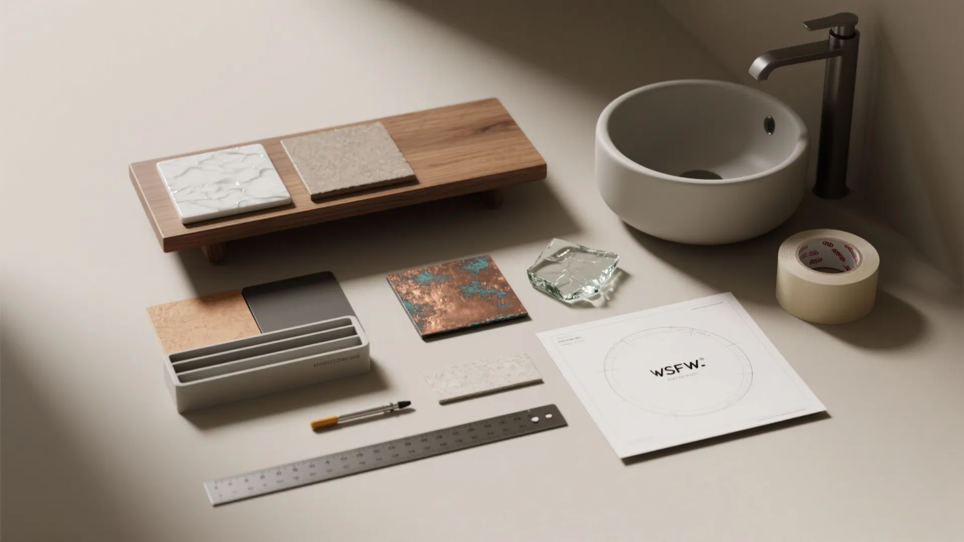 Flatlay of material samples and templates for planning small vessel sink installations