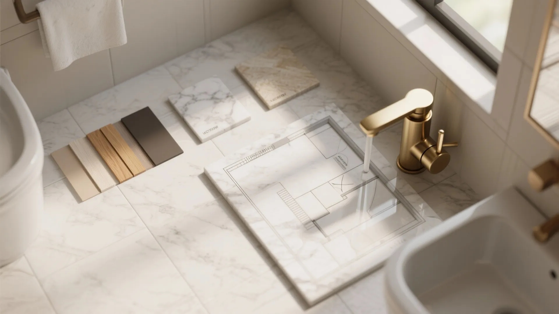 Interior design materials flat lay including wood samples marble tiles gold tap and room layout drawing