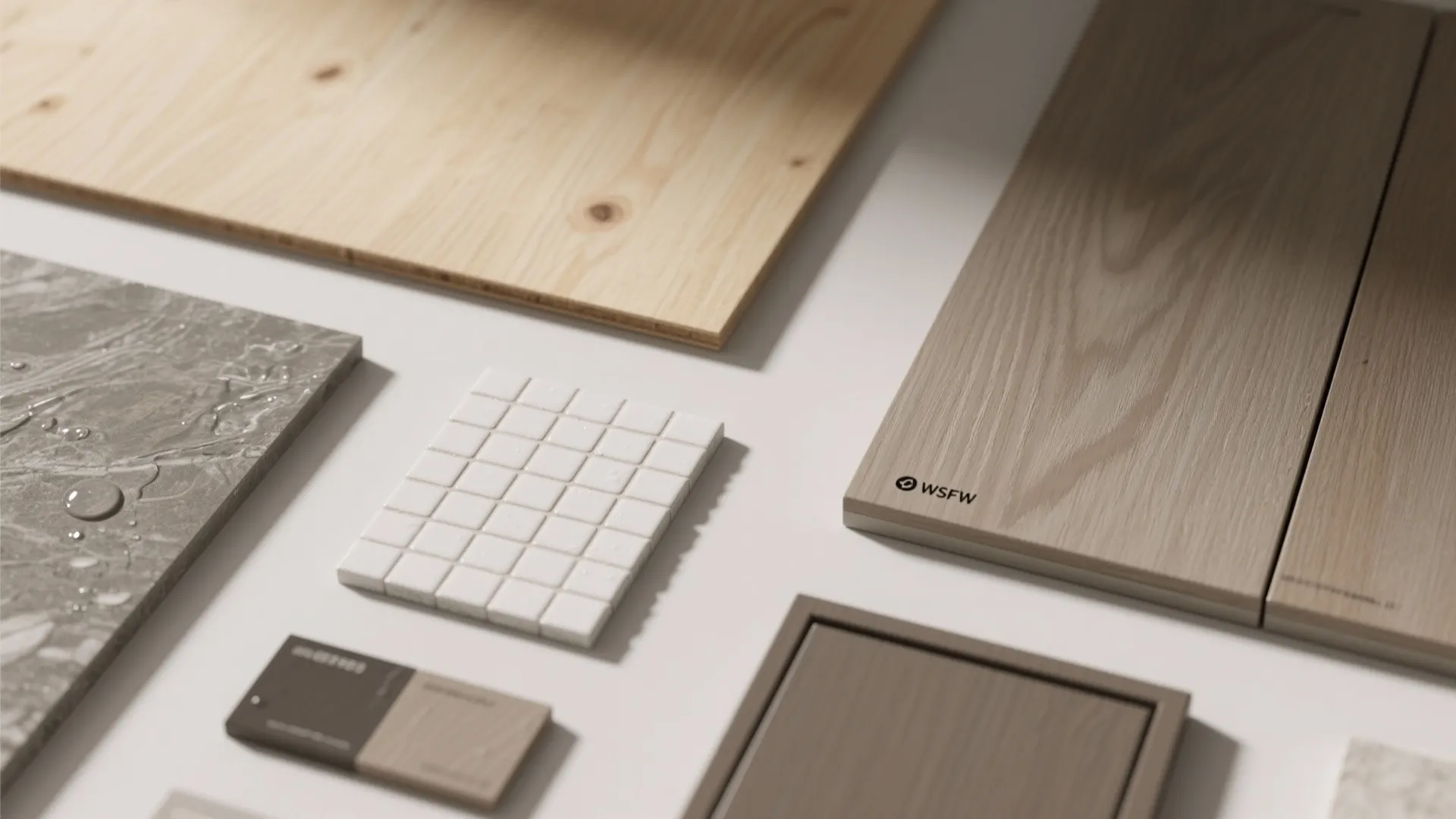Collection of interior design material samples featuring light wood boards white square tiles and stone