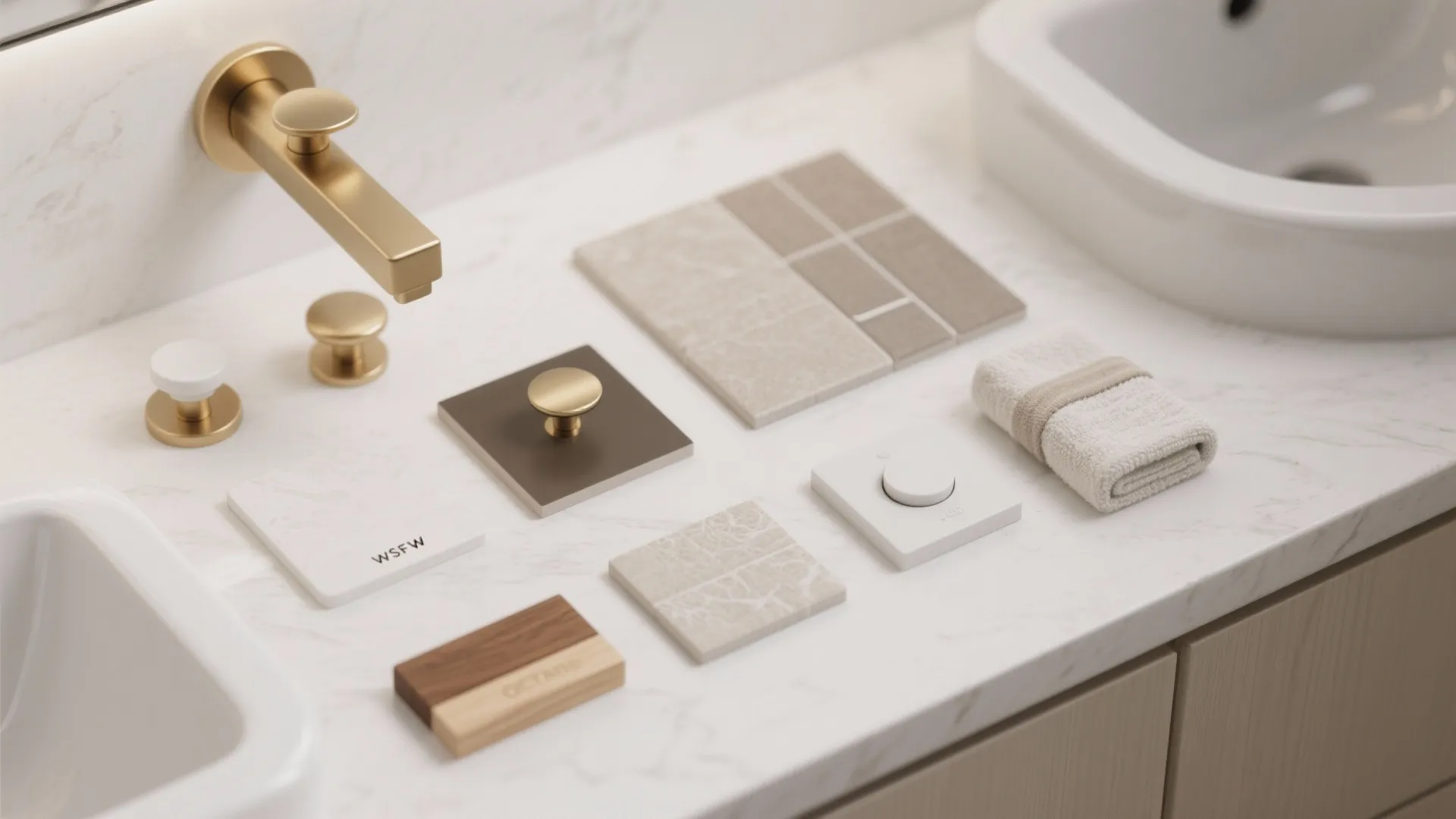 Flatlay of white fixture samples, warm brass hardware, wood trim and fabric swatches for a bathroom.