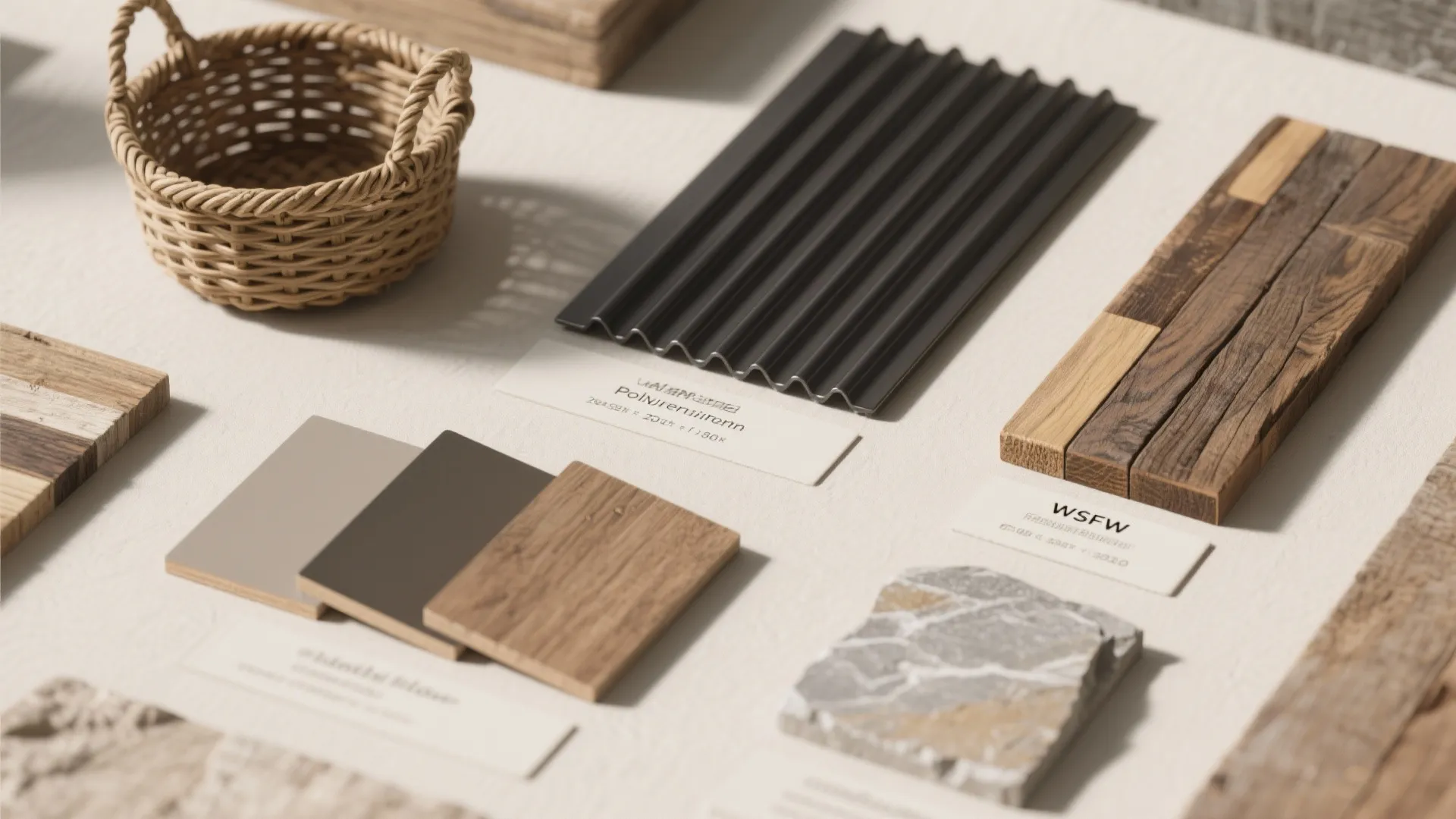 Flatlay of reclaimed wood, polyurethane, metal, woven basket and stone swatches for rustic vanities.