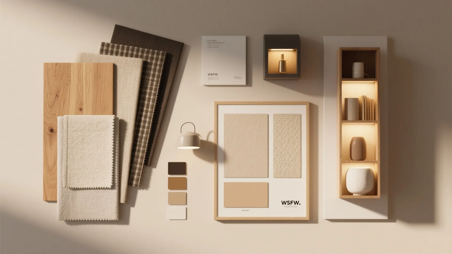 Flatlay of material and color samples for small apartment design, showing wood and fabric swatches and lighting ideas.