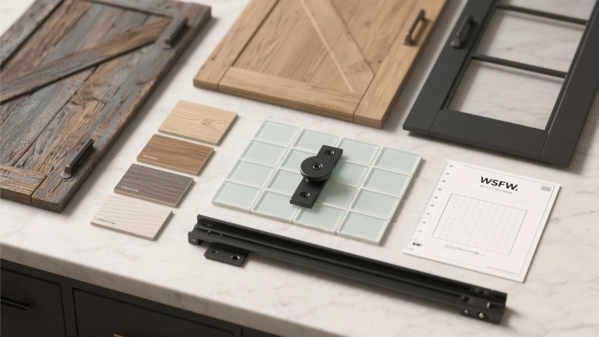 Flatlay of barn door materials and hardware including wood swatches, frosted glass sample, and track pieces.