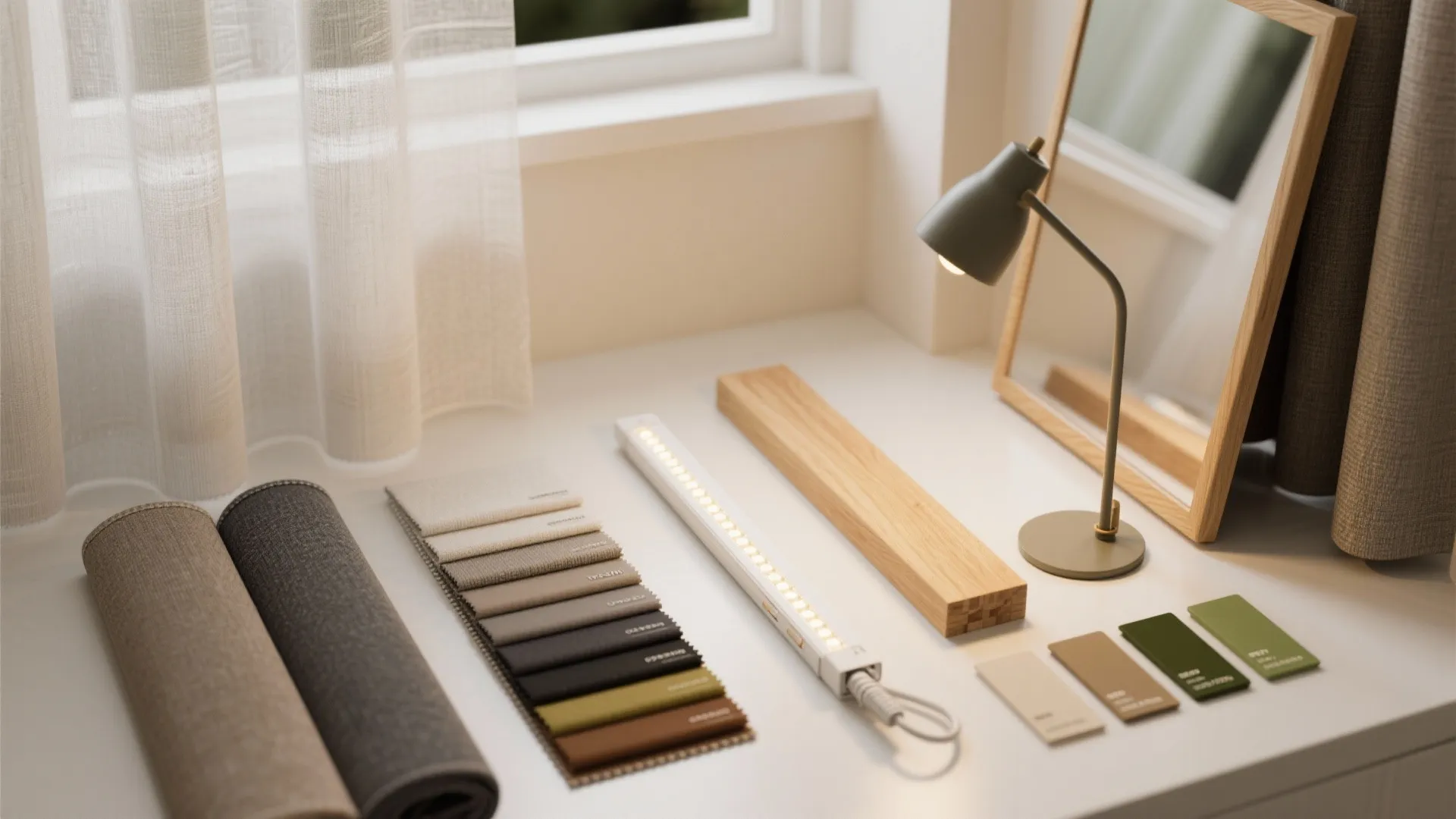 Interior design materials on a white desk including fabric swatches wood block and desk lamp
