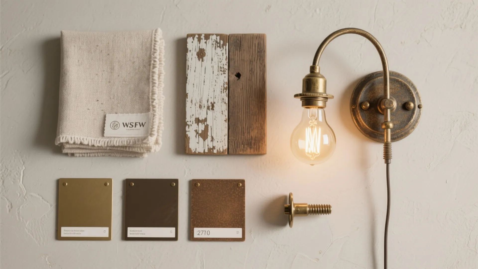 Interior design material board with metal wall light samples of fabric wood and color plates