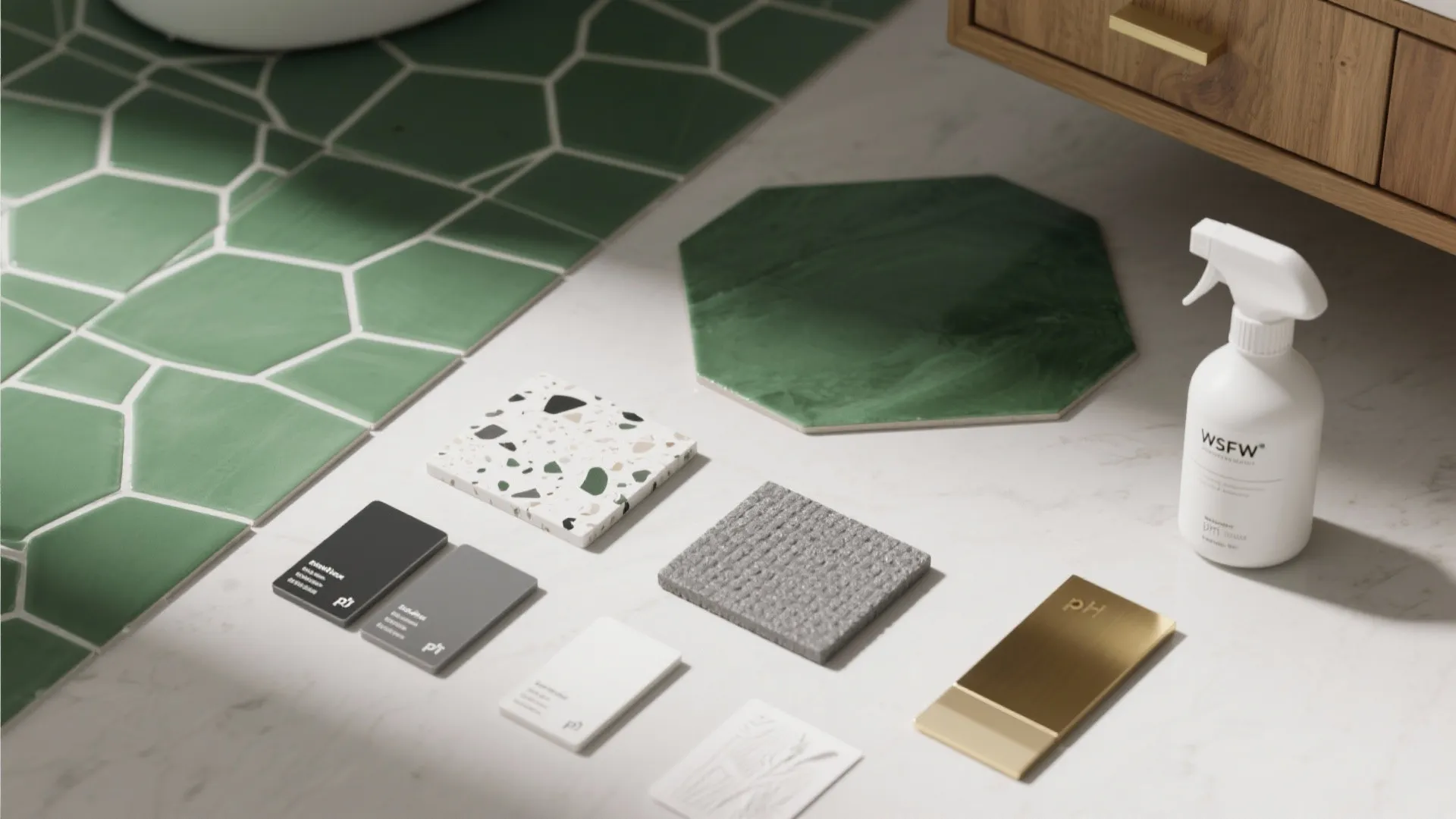 Selection of interior design material samples including green tiles, stone blocks, and white spray bottle