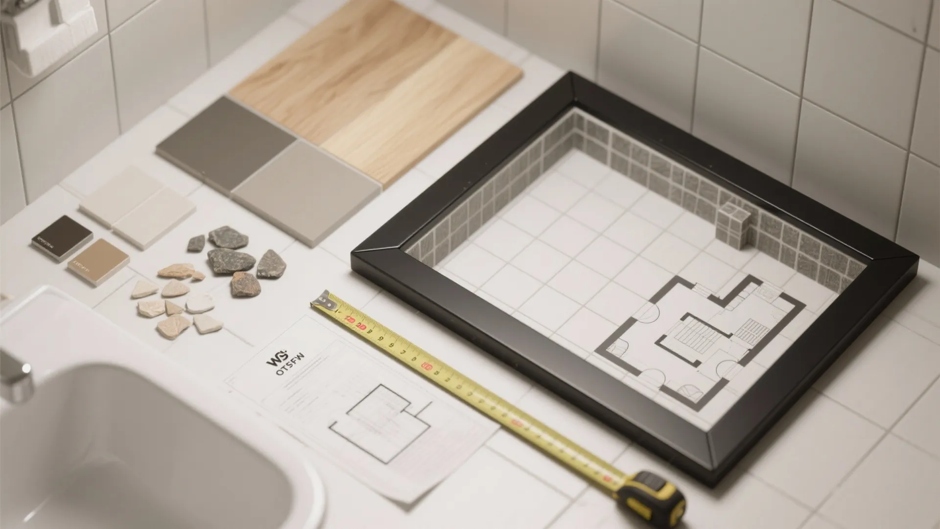 Top-down flatlay of material samples and a small bathroom floor plan for mirror placement planning