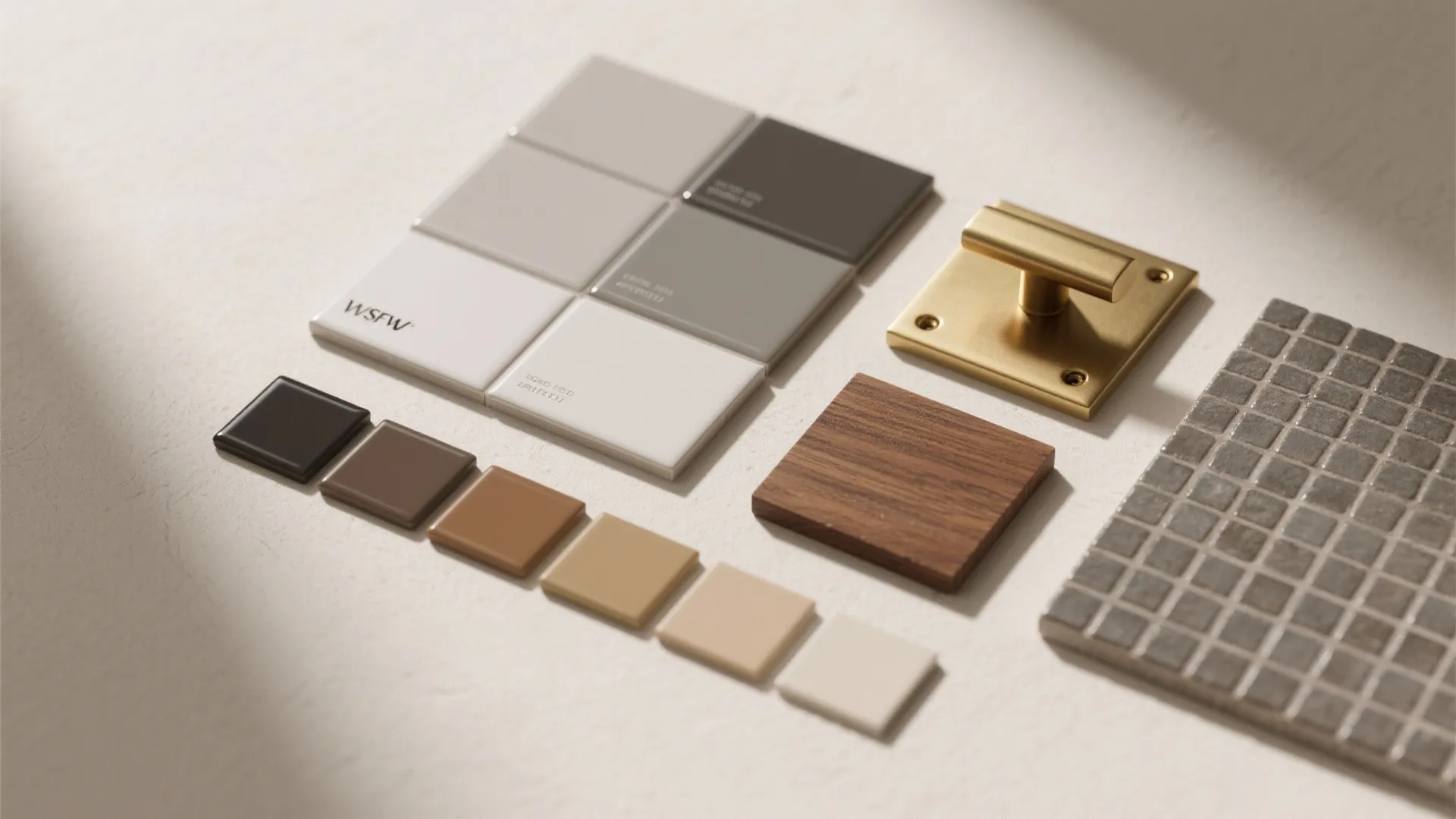 Flatlay of paint swatches, tile chip, brass hardware and grout samples