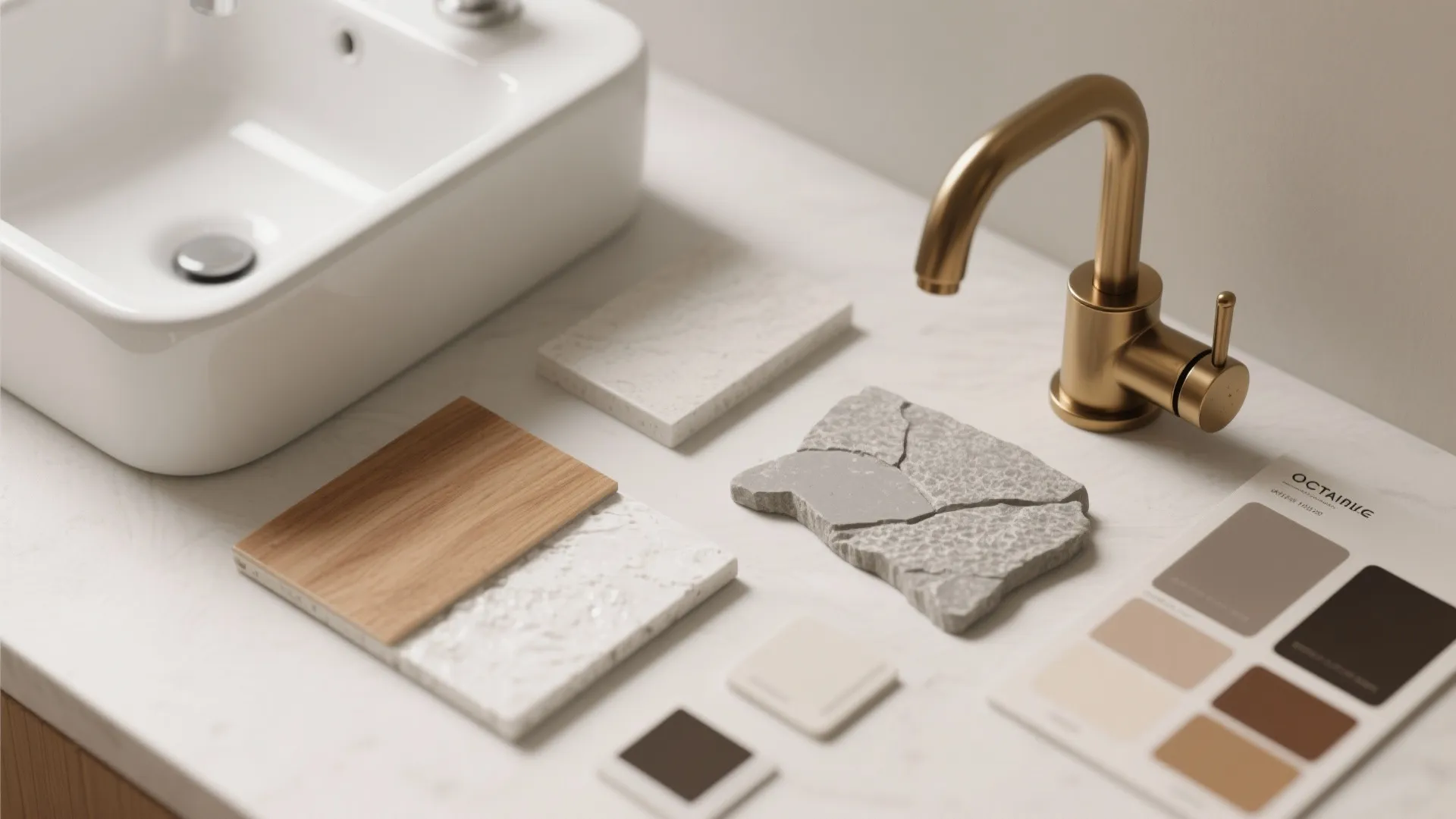 Interior design material samples including wood, stone, and color swatches next to a gold tap