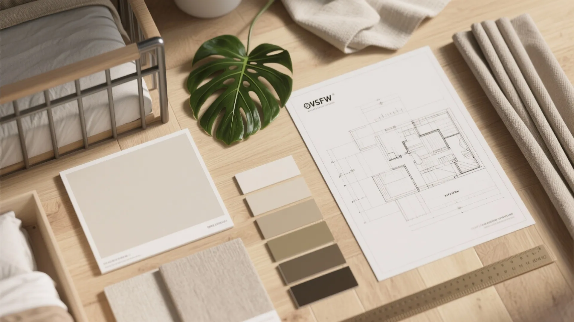 Interior design floor plan surrounded by fabric samples beige color palette and a green leaf