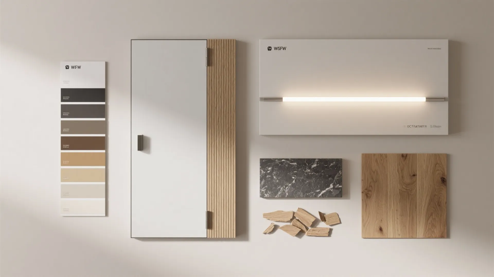 Interior design material samples including wood panel marble stone wall light fixture and neutral color palette