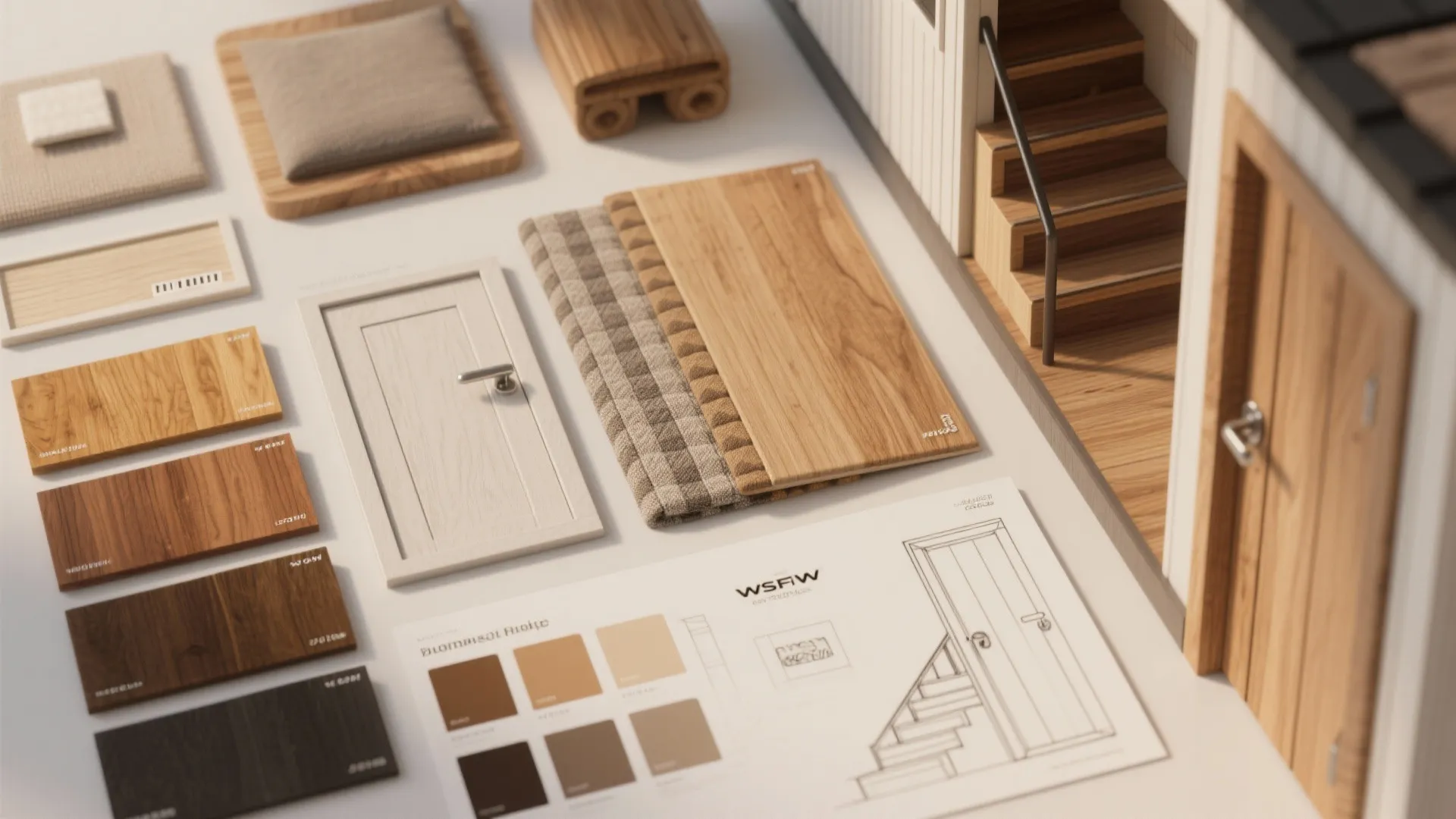 Flatlay of material samples and hardware for tiny house budgeting and prototyping