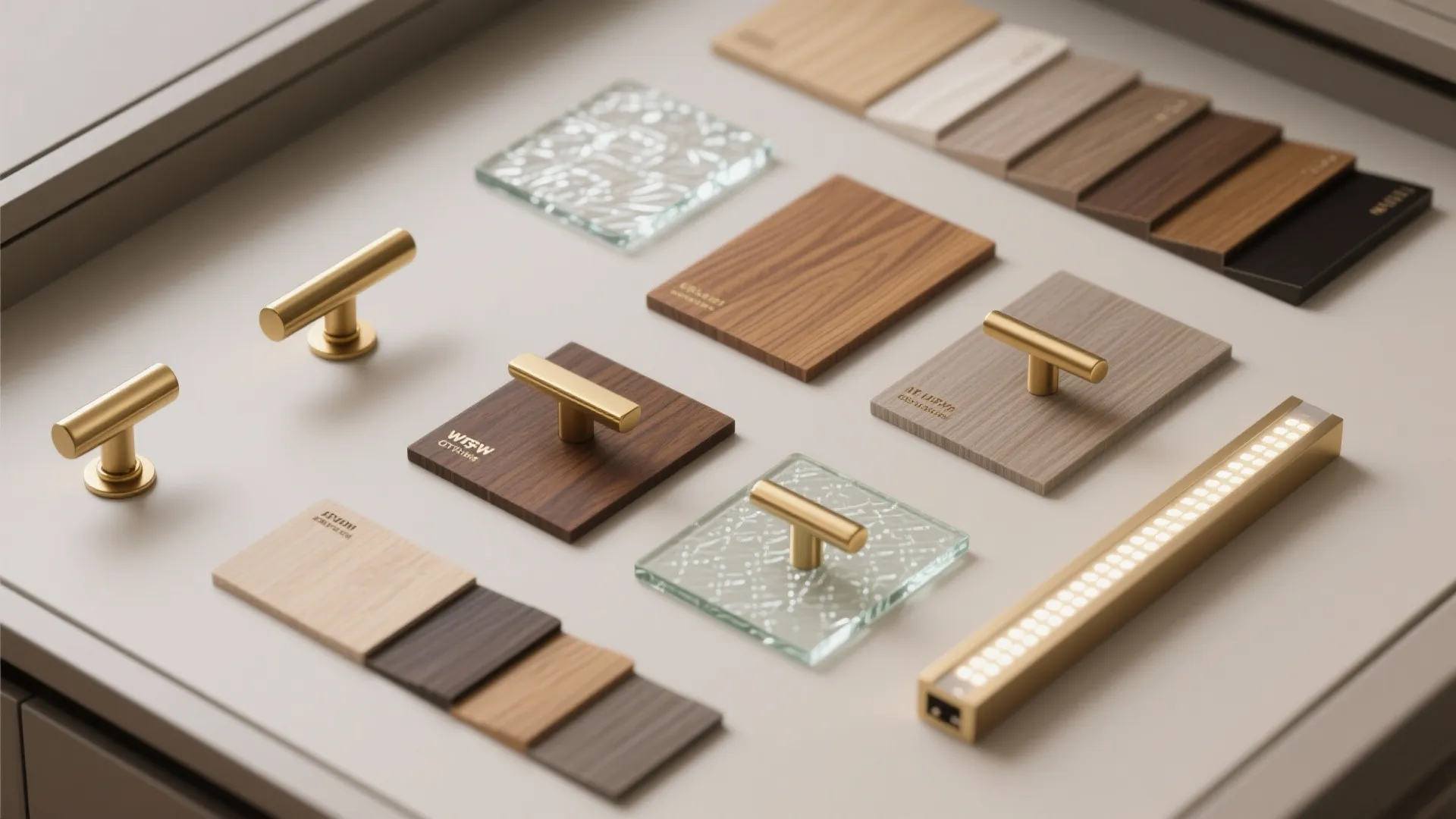 Flatlay of cabinet hardware, wood samples, glass swatches, and LED strip for planning finishes
