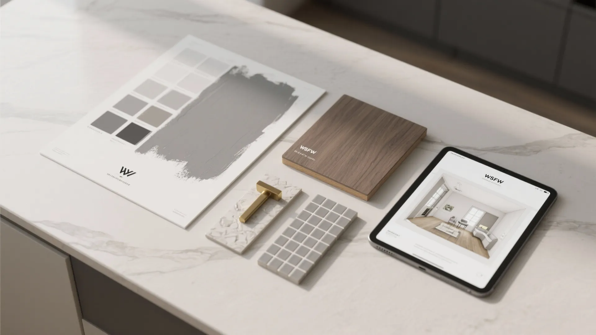 Flatlay of gray paint swatches, wood counter sample, brass hardware and a room-planner tablet