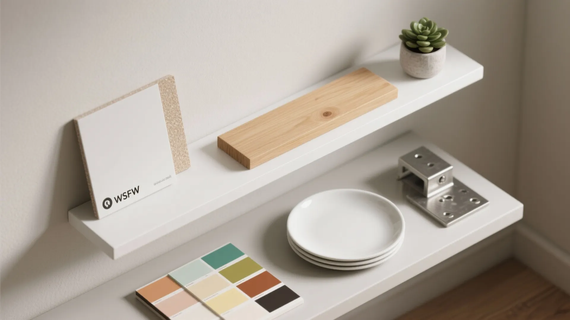 Top-down flatlay of shelf material samples, brackets and styling elements for a white kitchen.