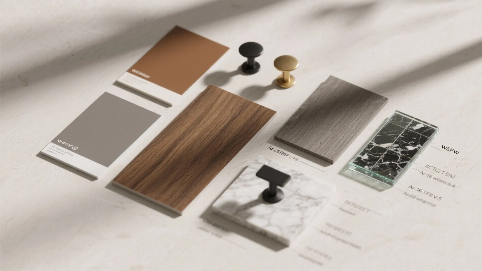 Flatlay of grey and brown material samples with hardware and backsplash swatches.