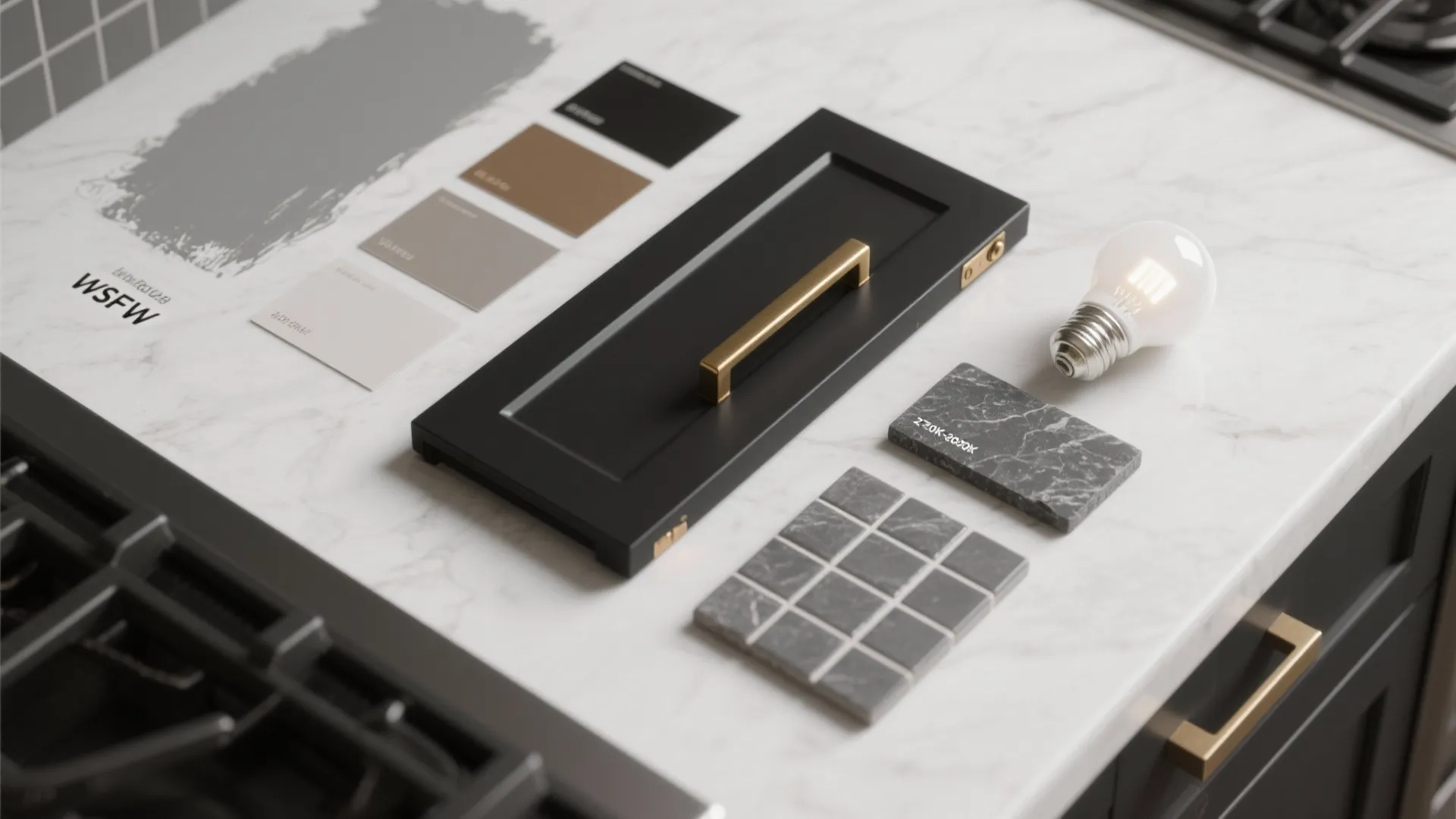 Flatlay of paint chips, cabinet sample, brass hardware and tile samples for a grey-and-black kitchen palette.