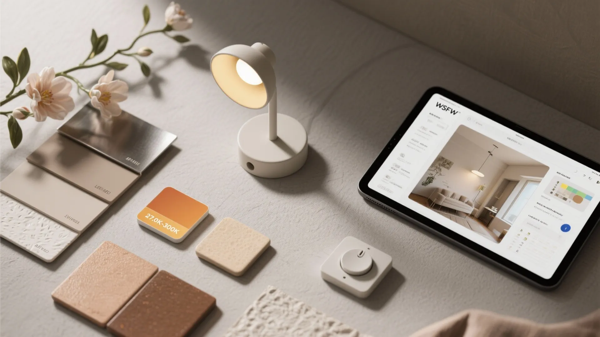 Flatlay of finish swatches, ceramic glaze samples, warm LED chip and digital planner tablet