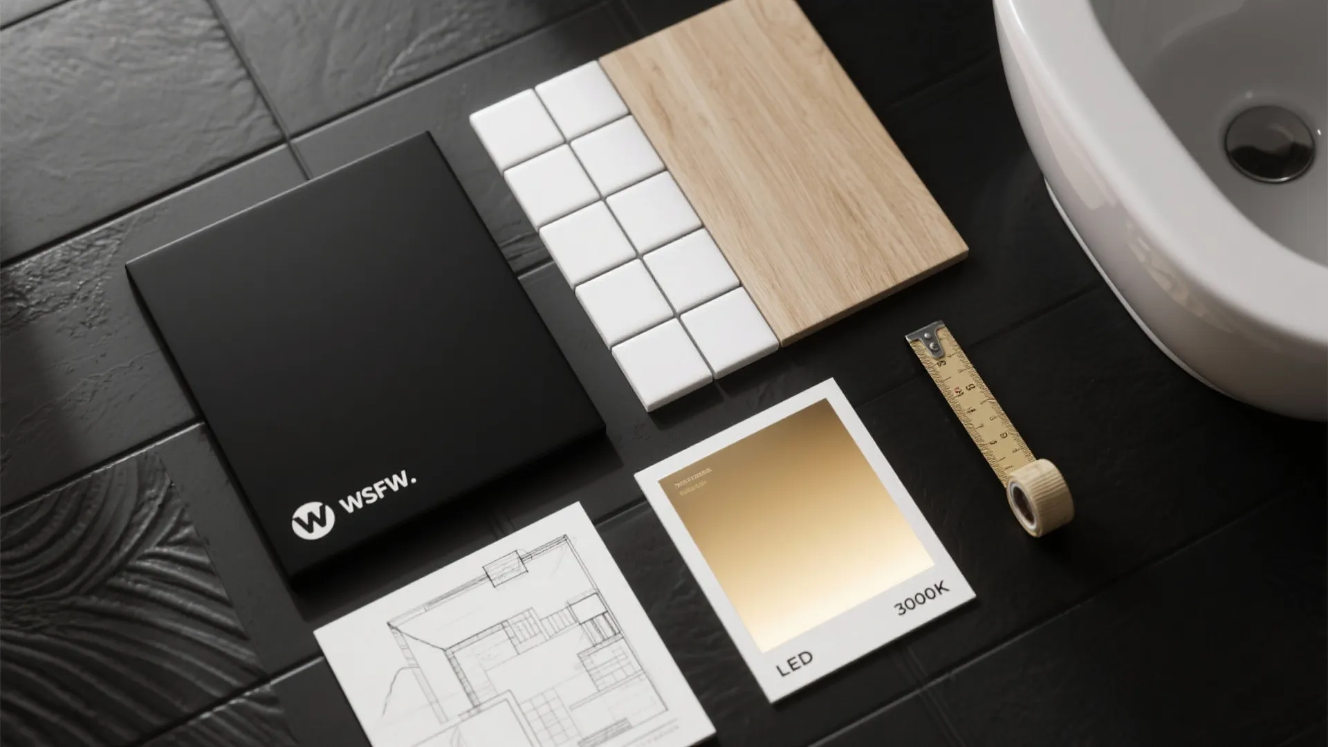 Flatlay of material samples: matte black finish, white tile, wood veneer, brass swatch, and LED color sample.