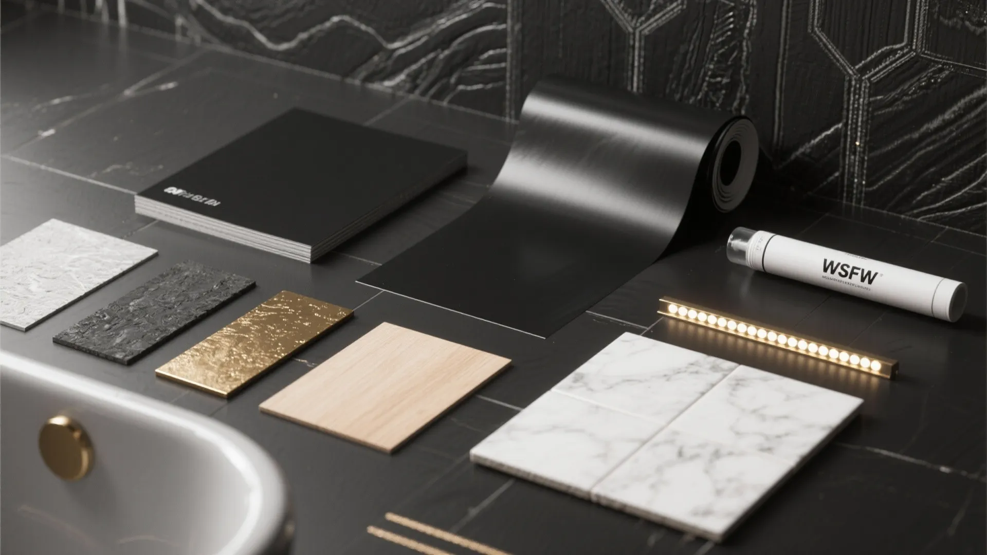 Flatlay of moisture-proof wallpaper samples, adhesive, LED strip and finish chips for a black bathroom project.