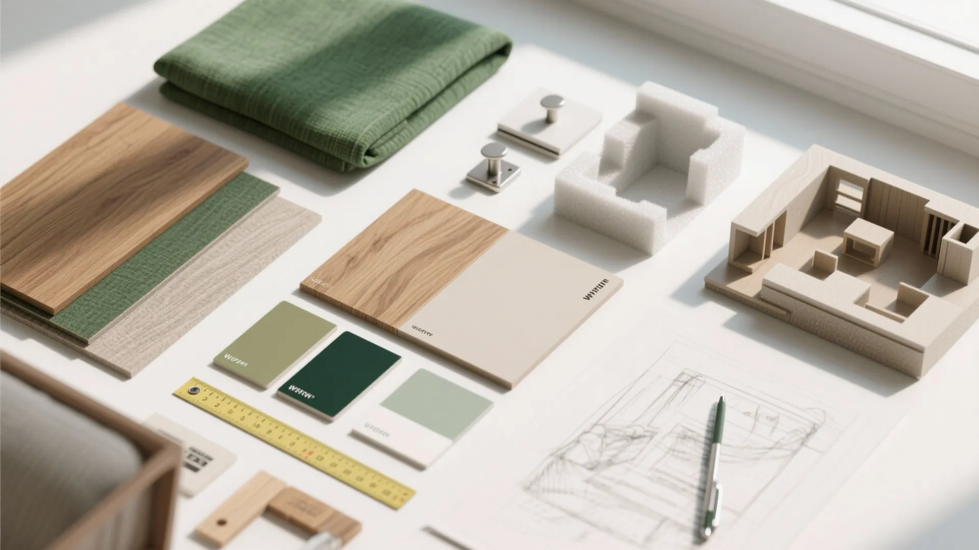 Flatlay of material samples, paint chips and foam-core model pieces for testing sightlines and finishes.