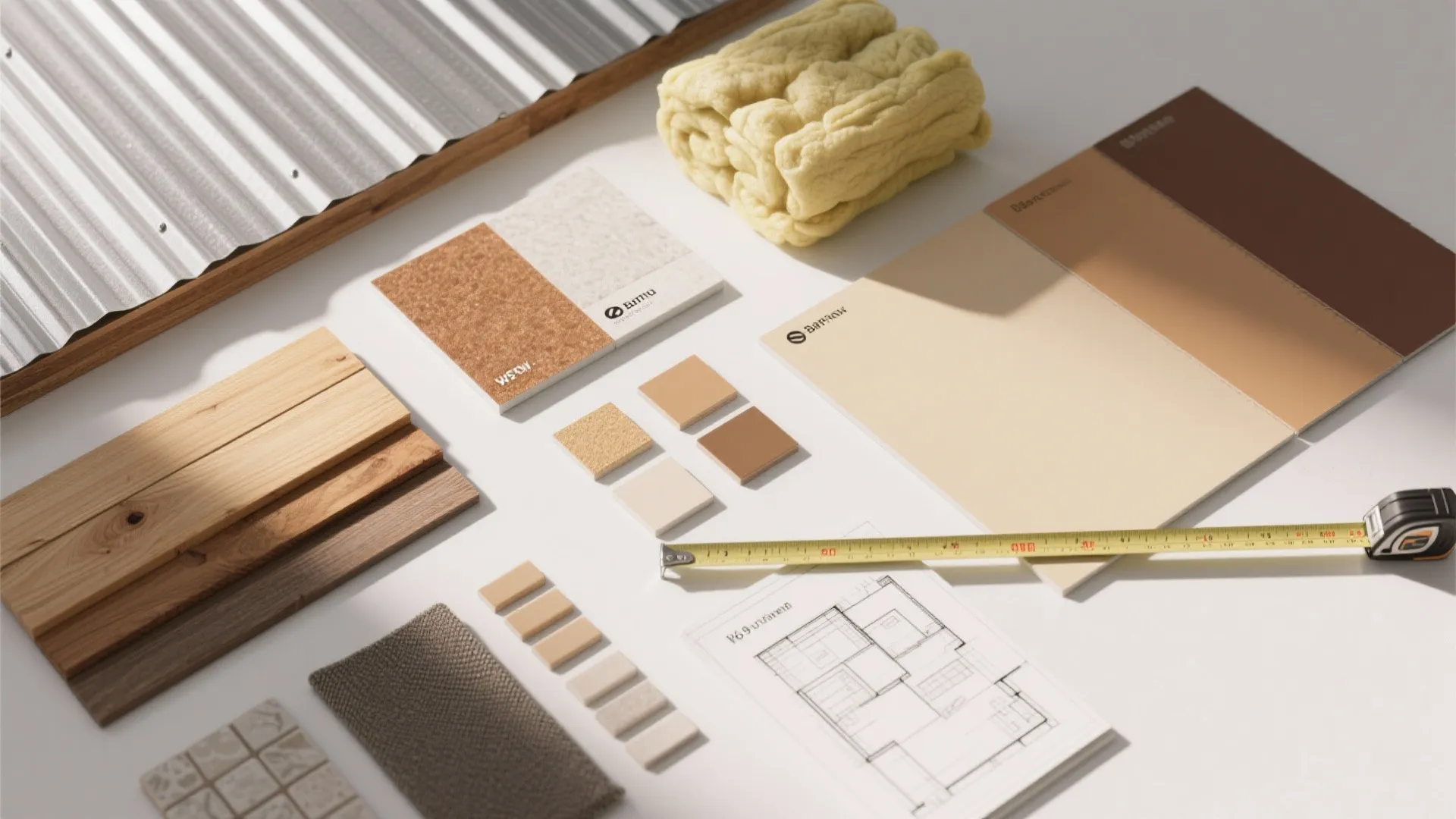 Interior design material flat lay with wood planks fabric tiles floor plan and tape measure