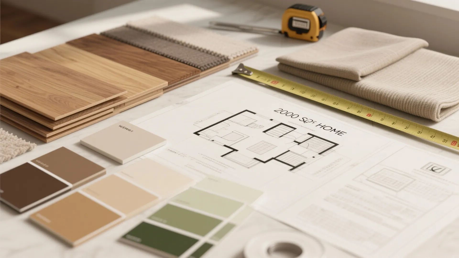 Flatlay of material and color samples with floor plan printouts for planning a 2000 sq ft home.