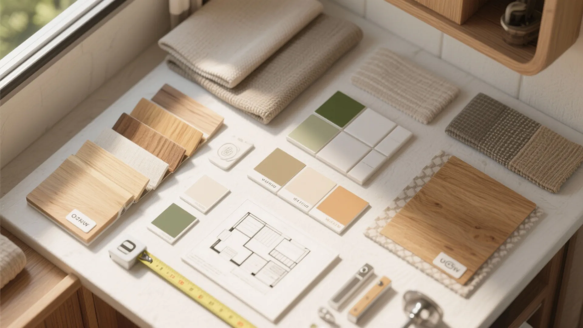 Flatlay of material samples and swatches for mobile home interior planning