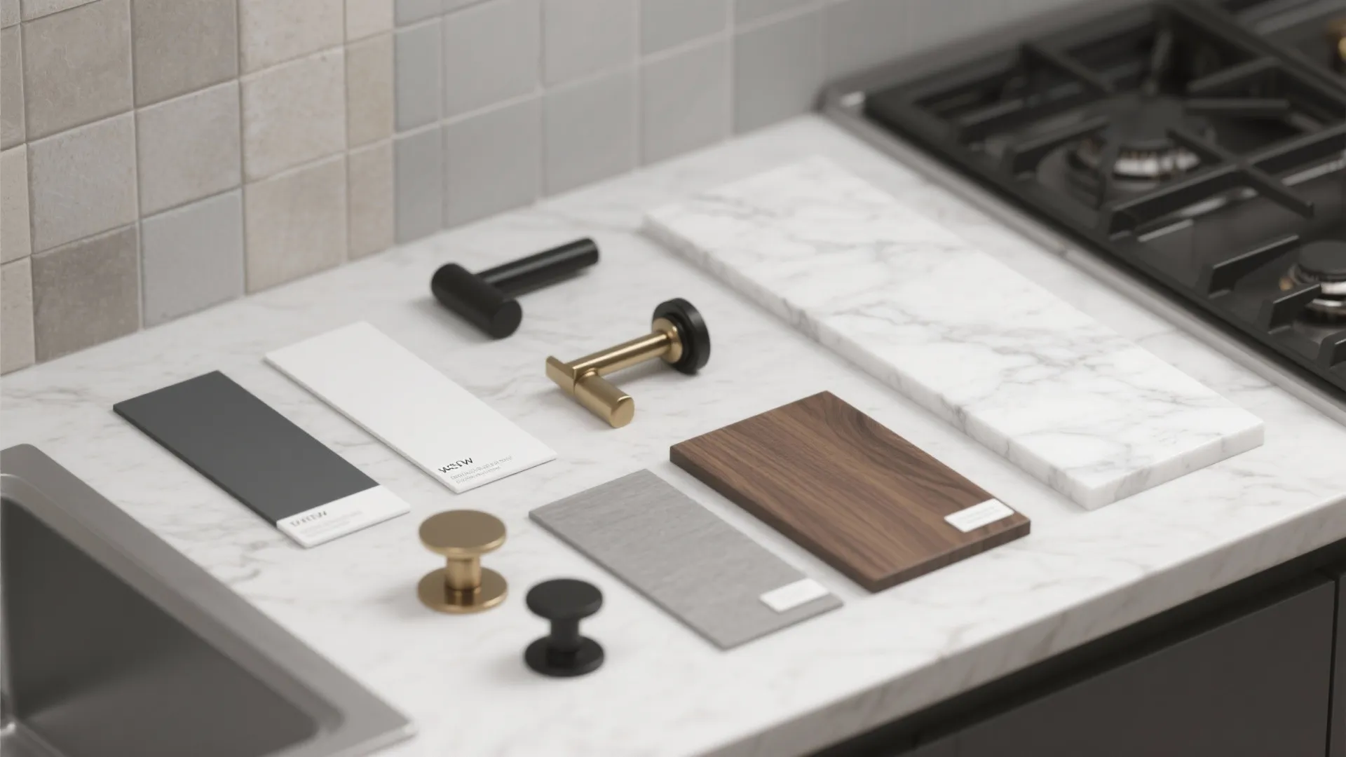 Flatlay of grey and white kitchen material samples including paint chips, quartz, wood veneer and hardware finishes.