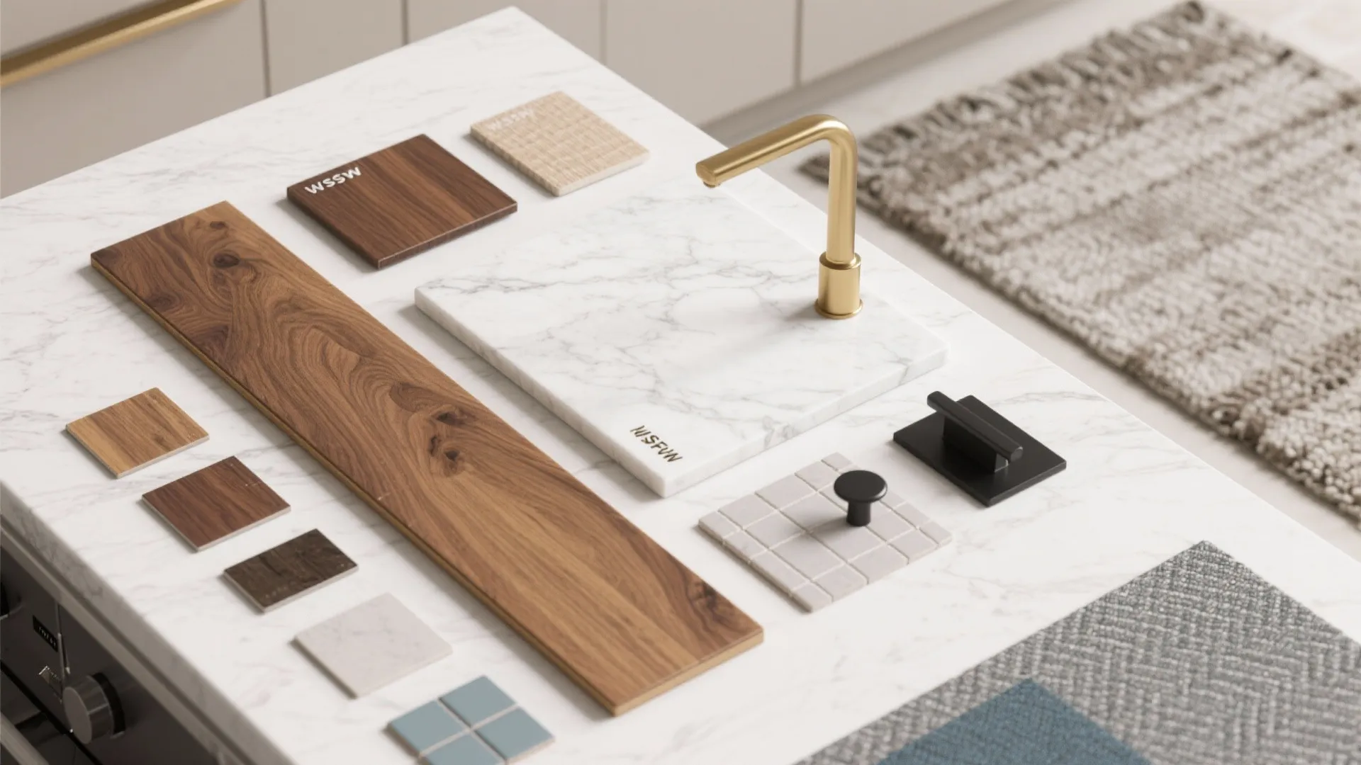 Flatlay of walnut veneer, oak plank, quartz sample, hardware and tile chips for a white kitchen palette