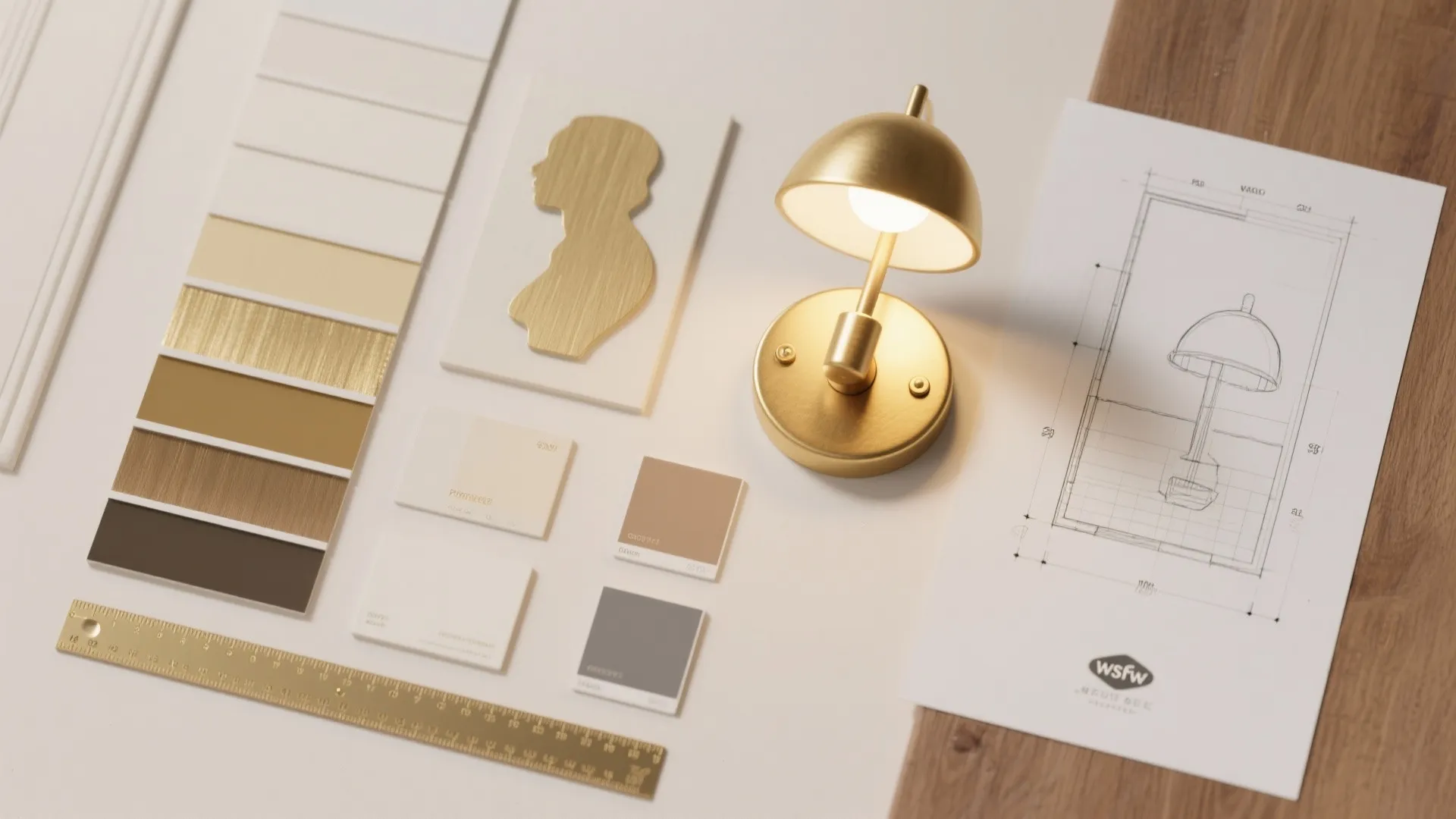 Flatlay of brushed gold finish swatches, paint chips and a small layout plan for gold wall lights.