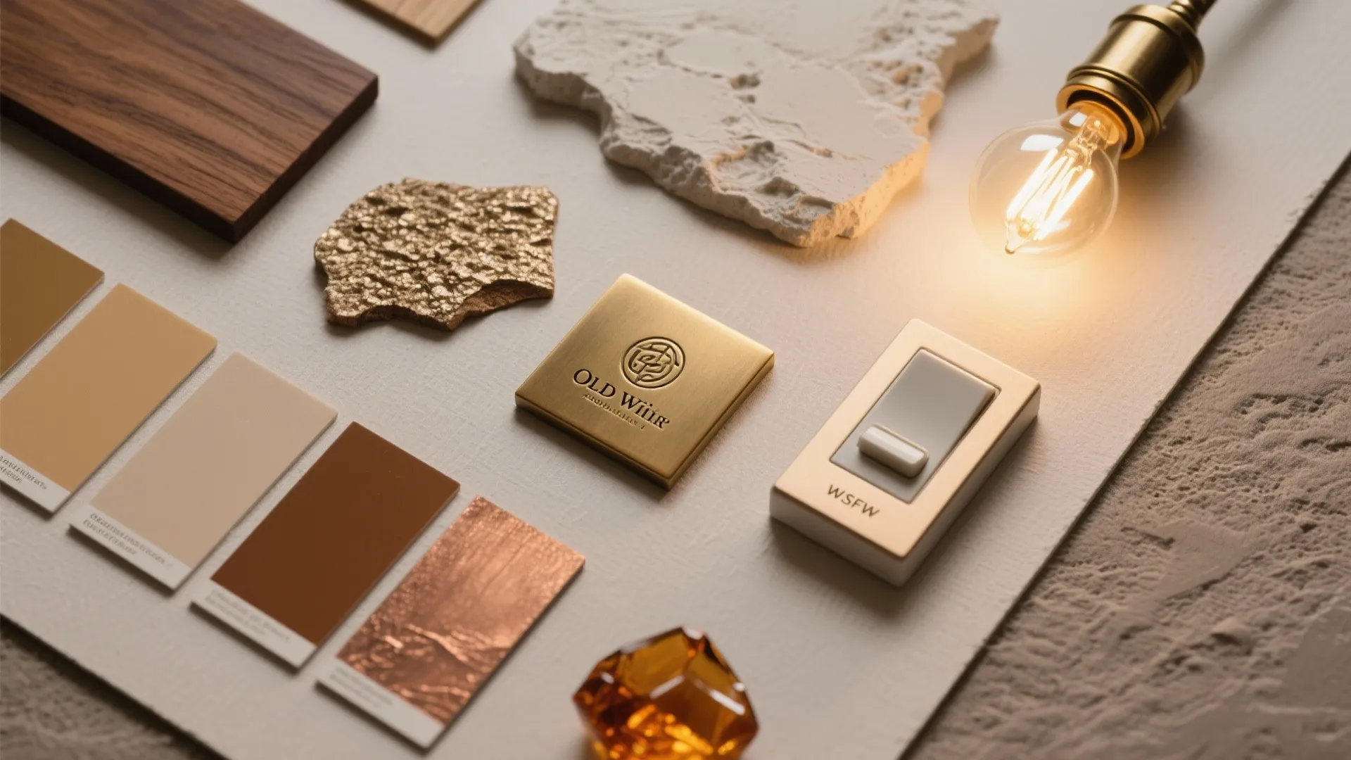 Flatlay of Old World lighting material samples: wood, plaster, brass, amber glass and LED bulb.